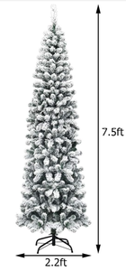 lot 414 image: Goplus 7.5FT Artificial Snow Flocked Christmas Tree, Pre-Lit Hinged Pencil Tree with 350 LED Lights and Metal Stand, Slim Xmas Tree for Holiday Decor (Not Tested)