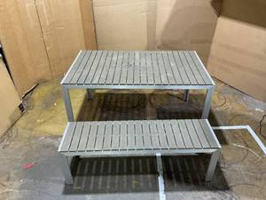 lot 55 image: Pangea Home Breeze 3-piece Modern Aluminum Frame Patio Dining Set in Gray Product Dimensions  (Table) 30H x 59W x 36D (Bench) 18H x 53W x 15D