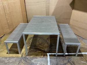 lot 55 image: Pangea Home Breeze 3-piece Modern Aluminum Frame Patio Dining Set in Gray Product Dimensions  (Table) 30H x 59W x 36D (Bench) 18H x 53W x 15D