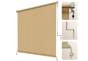 lot 327 image: Artpuch Outdoor Roller Shade 8 W x 6 H, Sesame Exterior Cordless Patio Shades Roll Up Blinds with Spliced Pole Design, (2 Poles, One-Piece Fabric)