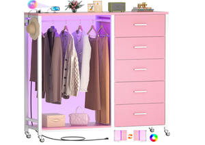 lot 331 image: Cyclysio Dresser with Hanging Rack, 5 Fabric Drawers Dresser with Clothes Rack, Wooden Top Storage Chest of Drawers with Charging Station & LED Lights, Lockable Wheels, Closet