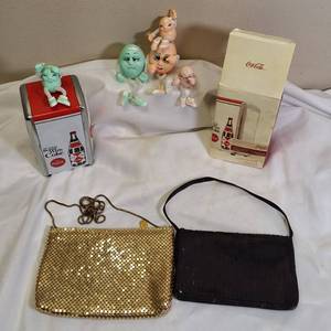 lot 25 image: Vintage Purses, Collectors Coke Napkin holder & Hand made ceramic Humpy Dumpty Family