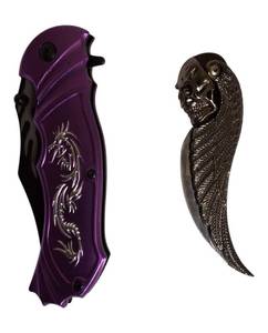 lot 54 image: Tac Force Purple Dragon Strike Rescue Folder Knife & Whetstone Cutlery Skull Wing Design