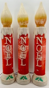 lot 9 image: Vintage Noel Candle Blow Molds Set of 3 Red Candles with White Drips & Amber Flames