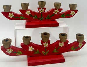 lot 12 image: Vintage Scandinavian Style Red Hand-Painted Floral Wooden Candle Holder Set