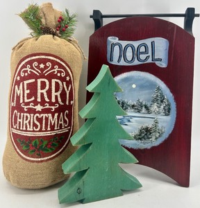 lot 15 image: Christmas Decor Lot & Wooden Trees Noel Sign & Burlap Sack
