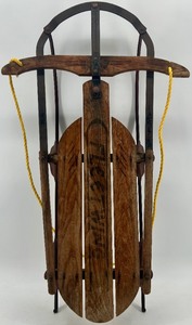 lot 23 image: Vintage Wooden Toboggan Sled With Metal Frame & Rope