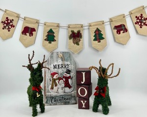 lot 34 image: Merry Christmas Decor Set Green Reindeer Topiaries, JOY Blocks & LED Sign