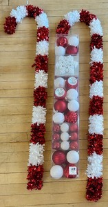 lot 41 image: JUMBO SIZE Tinsel Candy Canes & Red White Silver Christmas Ornaments