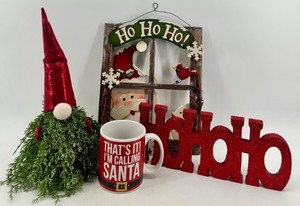 lot 61 image: Holiday Decor Lot Santa Mug & Sign, Ho Ho Ho Sign & Gnome