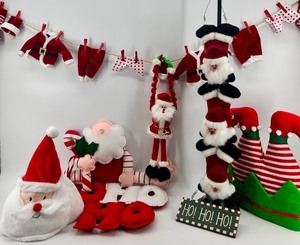 lot 73 image: Christmas Plush Decor Set & Santa Figures & Elf Crown & Ho Ho Ho Sign