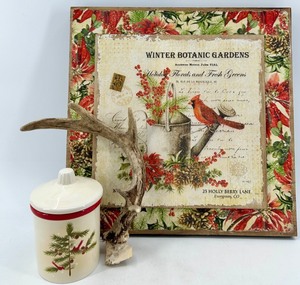 lot 84 image: Winter Botanic Gardens Decor Set & Antler, Ceramic Jar & Framed Print