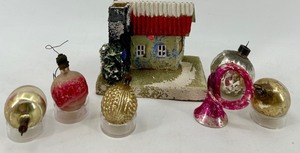 lot 87 image: Vintage Christmas Ornaments & Snowy Cottage Figurine