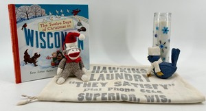 lot 92 image: Vintage Holiday Plush Toys & Wisconsin Books, Snowflake Candle & Hawkins Laundry Tote
