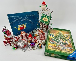 lot 93 image: Christmas Ornaments Lot Ravensburger Puzzle, Metal Reindeer & Snowmen