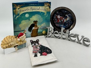 lot 95 image: Snorts Special Gift Book & Holiday Decor Lot Plate, Sign, Cat Figurine & Towel