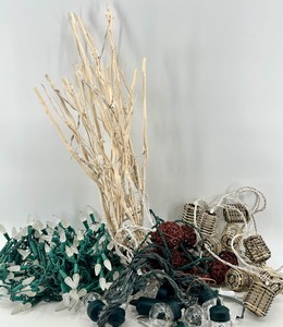 lot 98 image: Green Wire String Lights With Clear Diamond Bulbs & Woven Sphere Decor Set