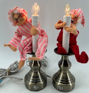 lot 105 image: Candlestick Lamps & Vintage Plush Dolls Set of 2