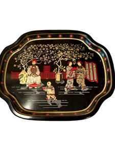 lot 11 image: Vintage Asian-Inspired Decorative Tin Collection with Serving Tray