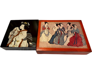 lot 26 image: Pair of Decorative Lacquer & Wood Boxes with Cultural Artwork