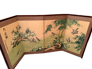 lot 35 image: Folding Screen with Bamboo and Quail Scene