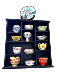 lot 37 image: Collection of Asian-Style Porcelain Bowls & Plate with Display Shelf