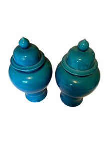 lot 42 image: Pair of Vibrant Turquoise Ceramic Temple Jars