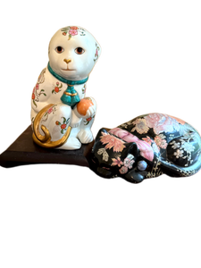 lot 63 image: Pairing of Two Floral-Decorated Asian Cat Figurines