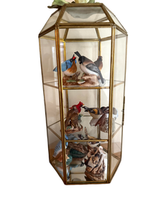 lot 70 image: Small Brass and Glass Hexagonal Curio Cabinet with Porcelain Bird Figurines