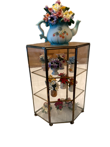 lot 75 image: Small Hexagonal Display Case with Miniature Flower Collection and Teapot