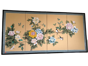 lot 78 image: Four-Panel Framed Asian Artwork Peonies, Birds, and Butterflies