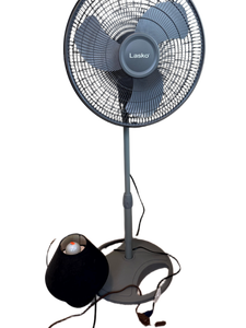lot 100 image: Black Lasko Pedestal Fan & Modern Table Lamp