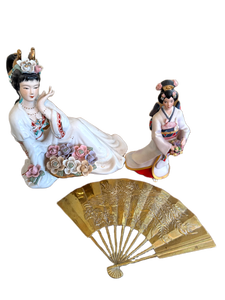 lot 107 image: Grouping of Asian Lady Figurines and Decorative Brass Fan