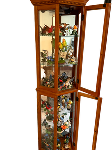 lot 114 image: Tall Dual-Section Wood Curio Cabinet with Grand Bird Figurine Collection
