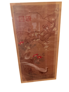 lot 117 image: Framed Vertical Asian Art Print Birds, Blossoms, and Pheasant