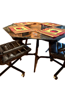 lot 155 image: Modern Glass-Top Dining Table with Four Black Rolling Chairs