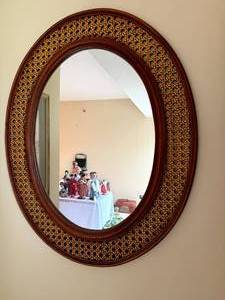 lot 72 image: Large Round Wood and Cane Wall Mirror