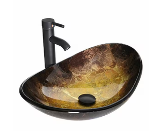 lot 67 image: YELLOW FOIL UNDERTONE GLASS OVAL VESSEL SINK