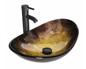 lot 70 image: YELLOW FOIL UNDERTONE GLASS OVAL VESSEL SINK