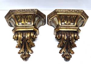 lot 110 image: Matching Pair of Large Heavy Gilt Plaster Ornate French Wall Shelves