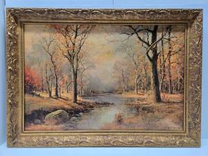 lot 160 image: LARGE Vintage Robert Wood Landscape Print wExcellent Gilt Wood Frame