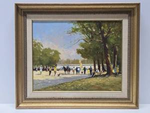 lot 161 image: Framed Signed Vintage Oil on Canvas Impressionist Painting - J. Collier - Saturday Afternoon in the Park