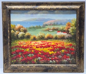 lot 162 image: Lovely Framed Signed Oil on Canvas Painting - Field of Flowers 