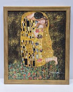 lot 163 image: Large Framed Signed Oil on Canvas Painting - The Kiss after Gustav Klimt