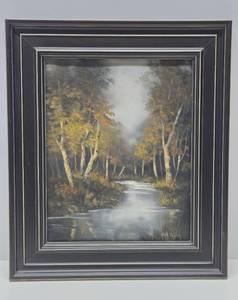 lot 165 image: Framed Signed Oil on Canvas Forest Stream Scene Painting - Signed Mona Taylor