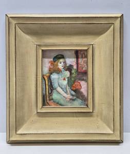 lot 169 image: Well-Framed Vintage Watercolor Painting of a Young Lady in a Hat