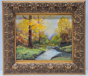 lot 170 image: Ornately Framed Signed Oil on Canvas Board Forest Stream Painting
