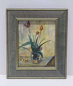 lot 172 image: Framed Signed Oil on Canvas Board Mid Century Still Life Painting - Signed Clara Hale