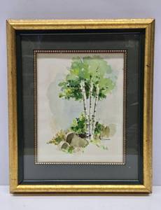 lot 173 image: Framed Signed Birch Tree Watercolor Painting - Signed Swanson