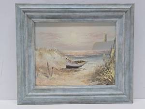 lot 199 image: Framed Signed Shoreline Scene Oil on Canvas Painting wBoat & Lighthouse